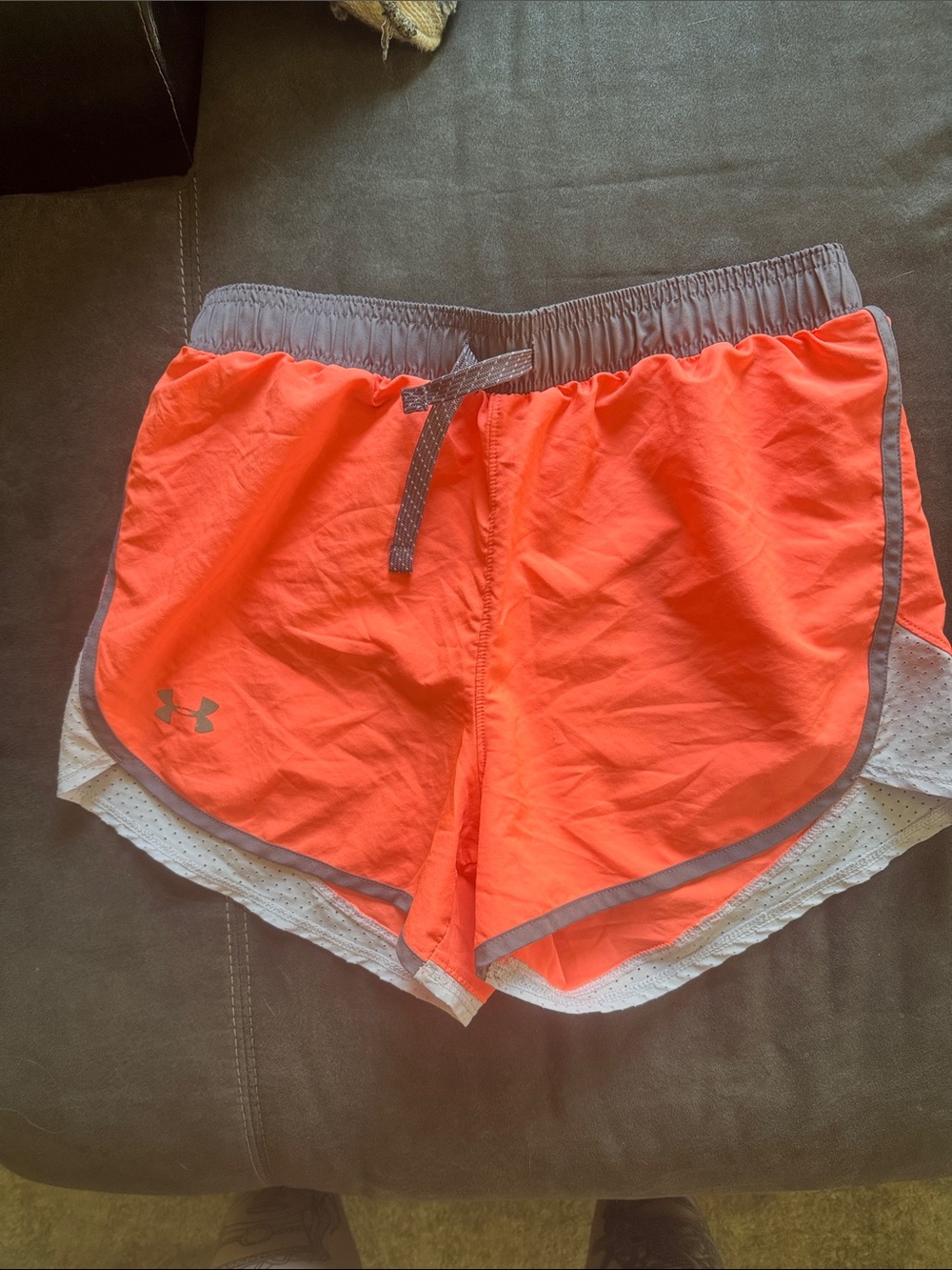 Under Armour Women’s Coral-Orange Athletic Shorts with Gray Trim